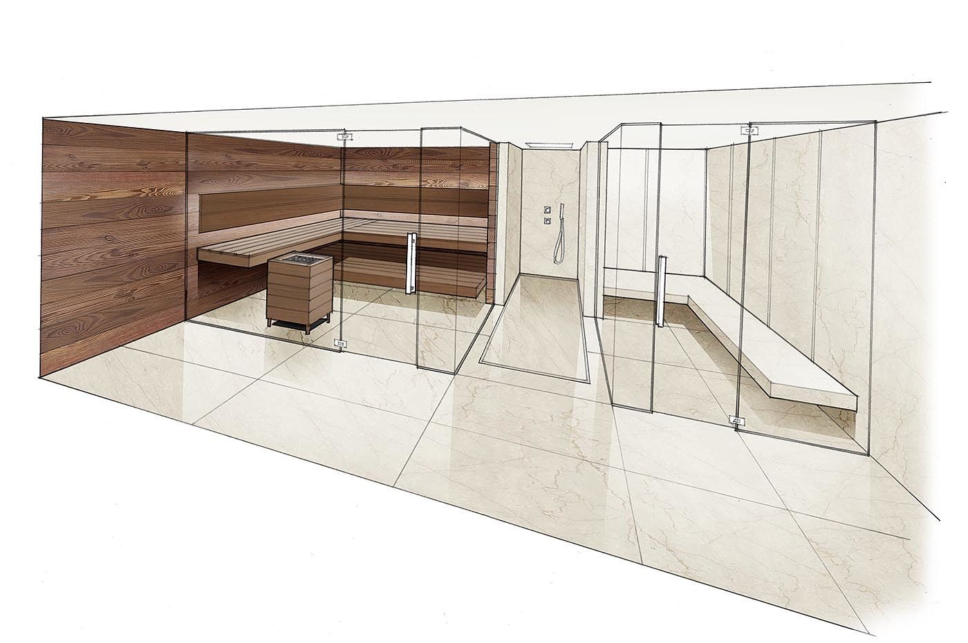 Sauna Planung Zeichnung mit Sauna und Dampfbad, beide mit Glasfront und schwebenden Bänken