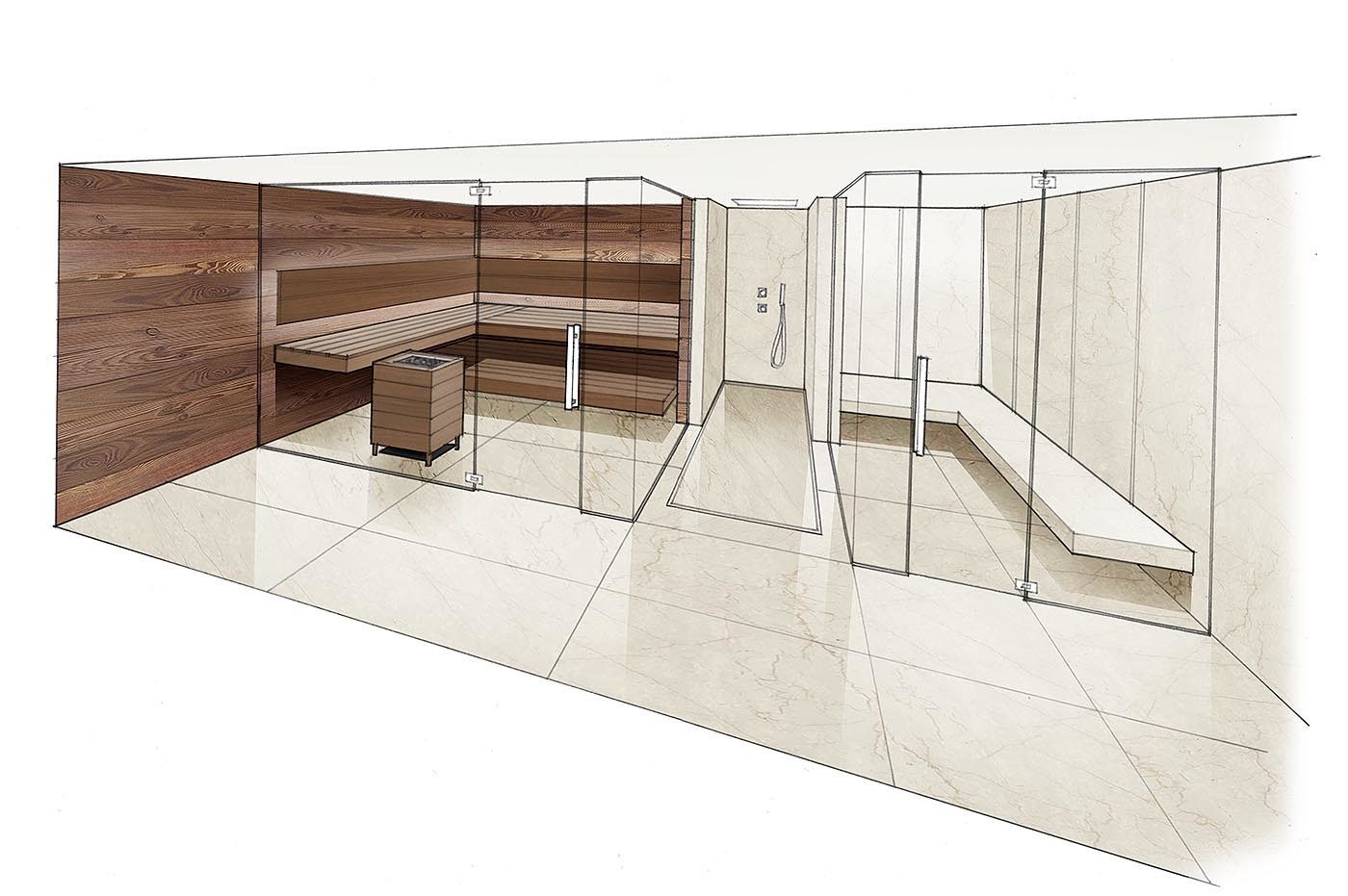 Sauna planning drawing with sauna and steam bath, both with glass front and floating benches