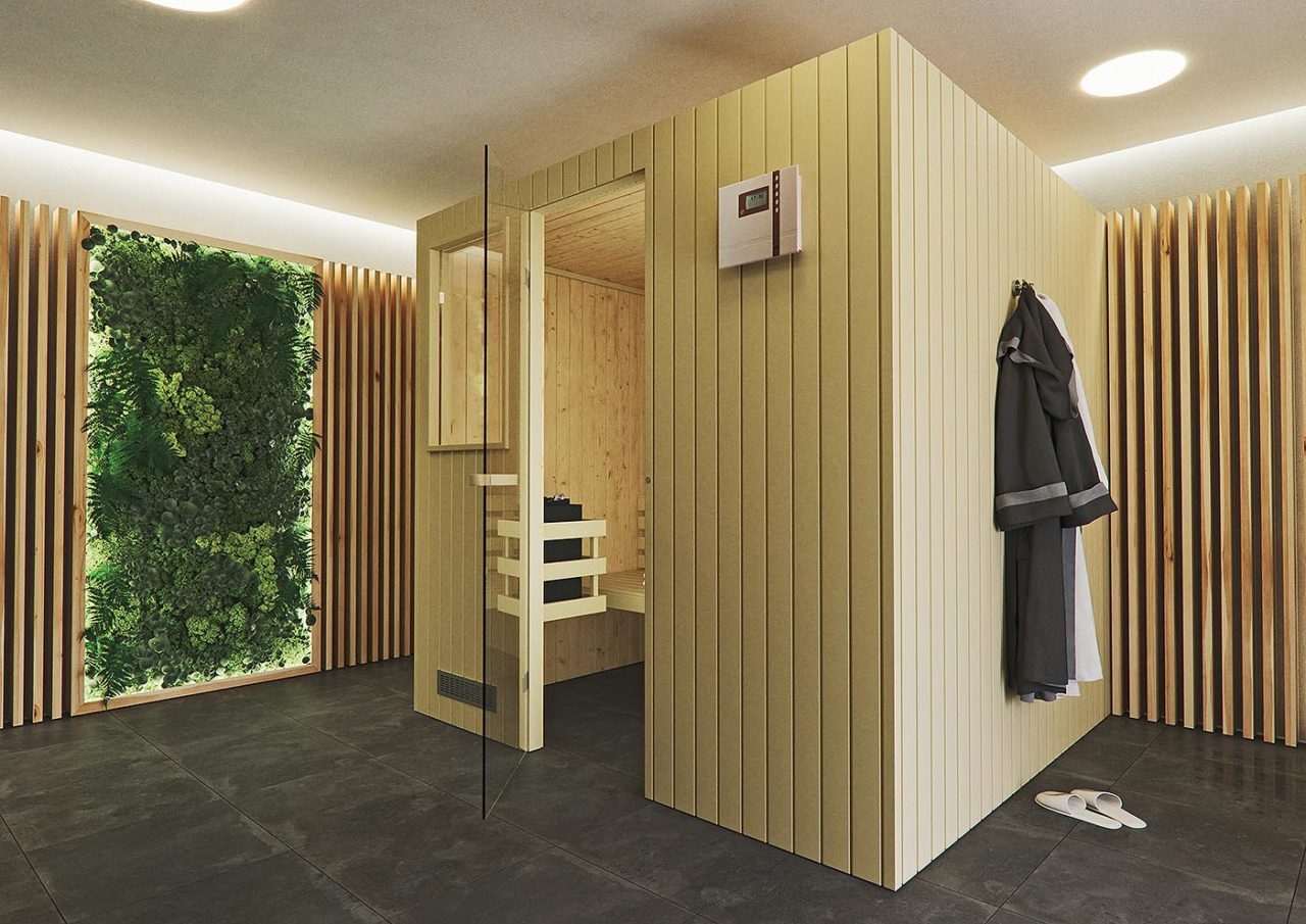 Klassische Ecksauna aus Fichtenholz mit Außenverkleidung in Espe Profilholz im Bad.