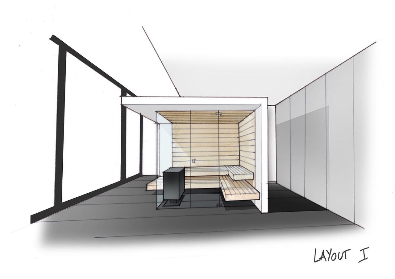 Sauna Planung: Skizze mit moderner Sauna, zweiseitig verglast mit Saunaofen in der Glasecke