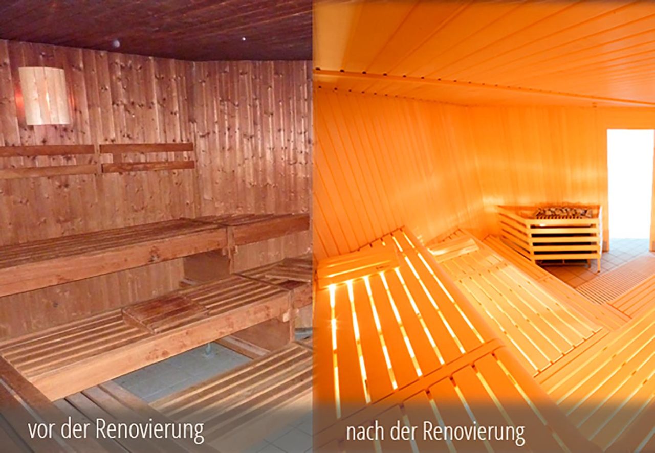 Saunarenovierung: alte Sauna vor der Renovierung (links) und nach der Renovierung durch corso sauna (rechts)