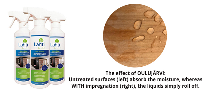 Sauna impregnation against stains from water and sweat. Bio-based care and impregnation product especially for the use on sauna wood.