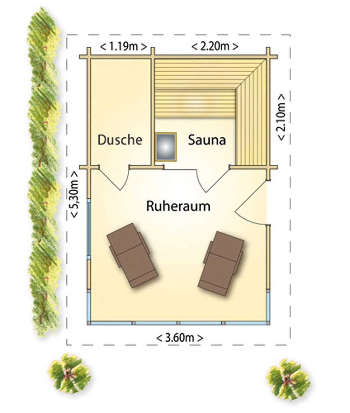 Gartensauna: Grundriss Beispiel für eine Aussensauna mit Ruheraum und Dusche