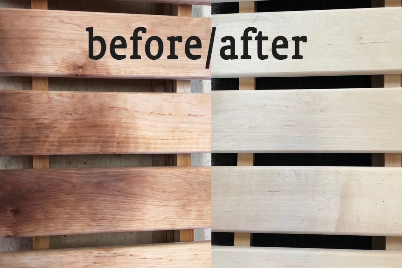 sauna cleaning: sauna wood before cleaning and afterwards by special sauna wood cleaner