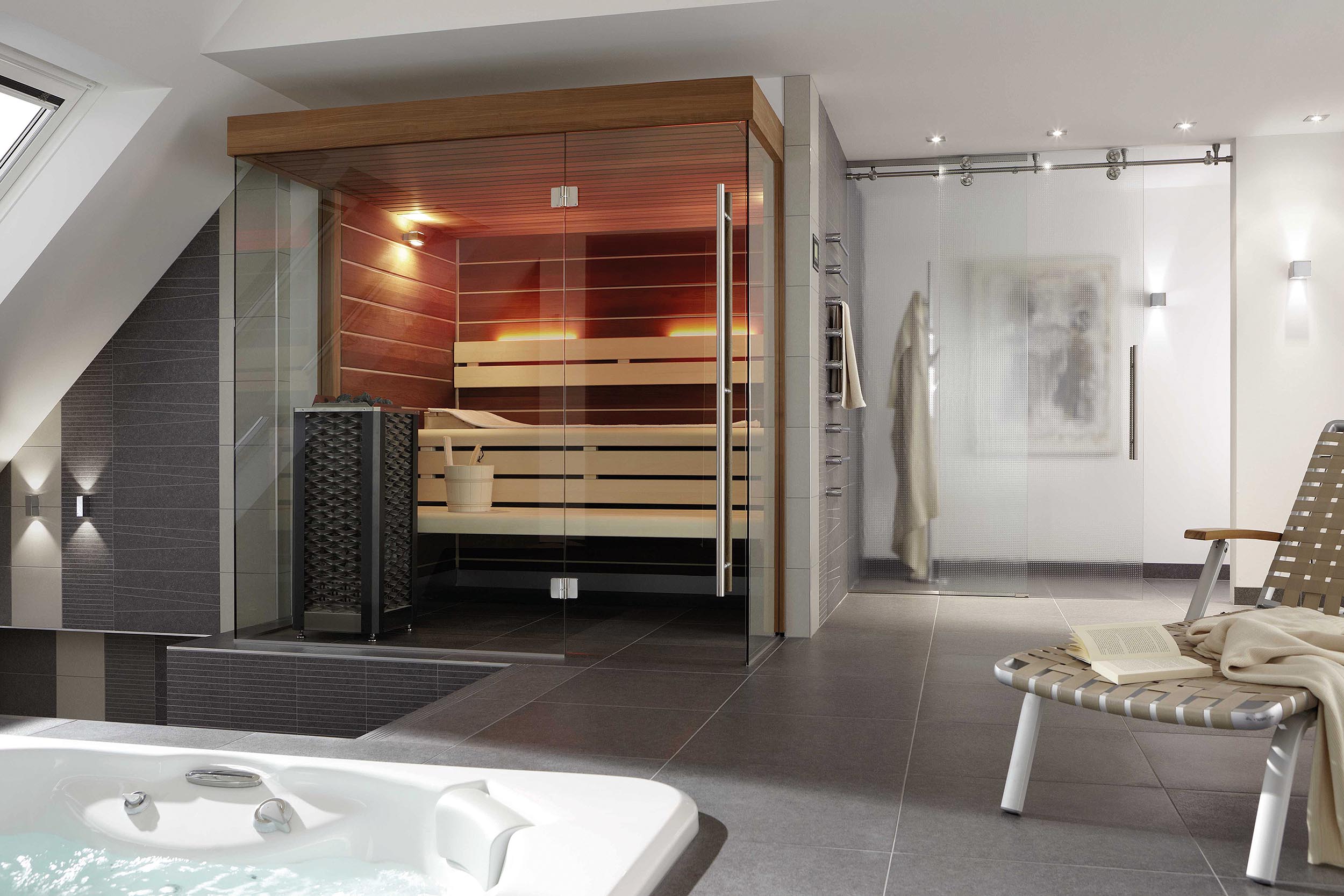 Ecksauna Glasfront individueller Saunabau seit 1968 corso