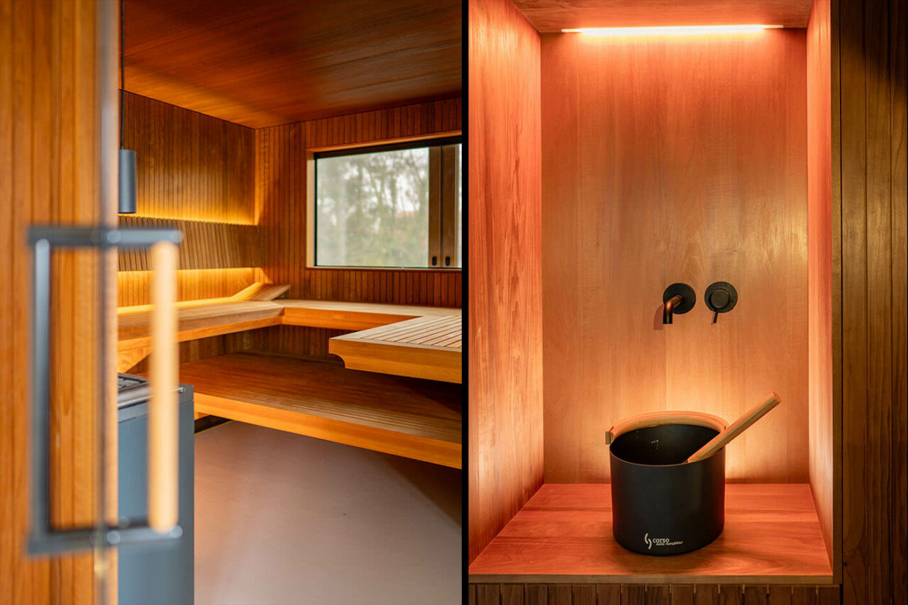 Design Sauna nach Maß mit Glasecke in Thermo-Espe Stäbchenoptik mit indirekter LED Rückenlehnenbeleuchtung und Außenfenster. Biosauna. Saunabau Münster.