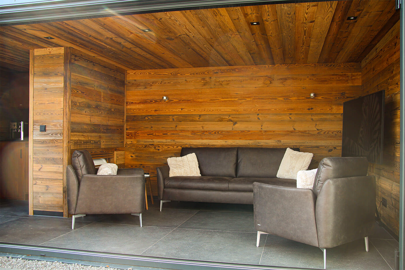 Lounge in custom pool house.