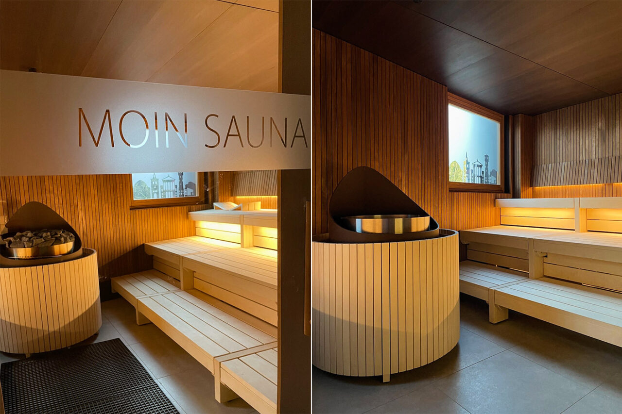 Olantis Huntebad Saunawelt: Blick in die Stadtsauna (Innensauna). Gewerblicher Saunabau im öffentlichen Bad. Maßanfertigung corso sauna manufaktur