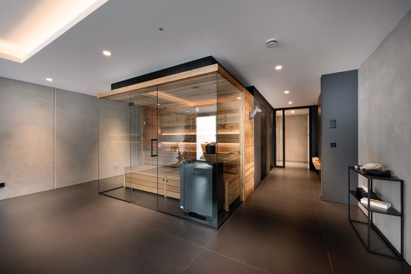 Moderne Altholz Sauna. Design Sauna nach Maß, dreiseitig verglast.