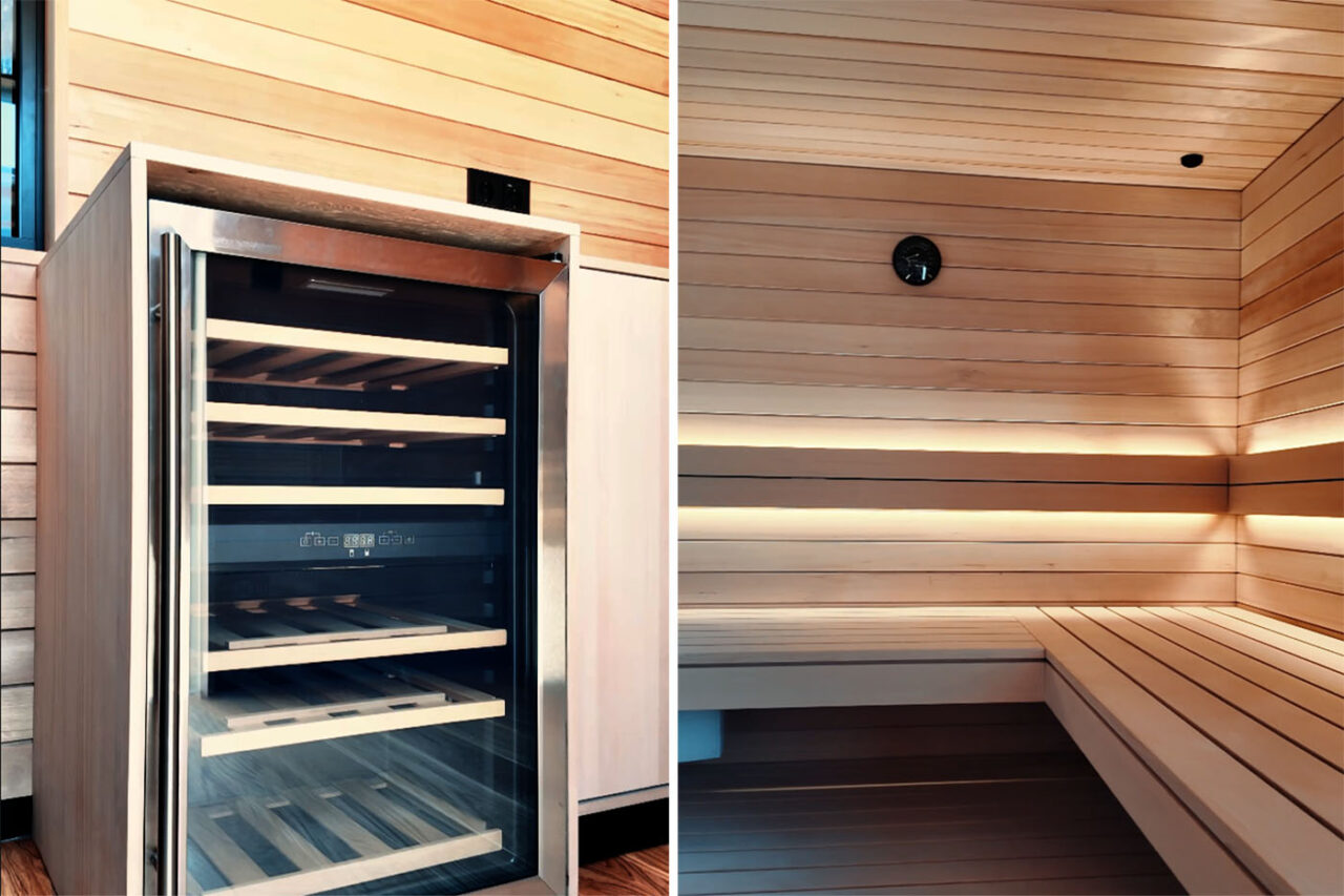 Mobiler Sauna-Eisbad-Trailer mit maßgeschneiderter Sauna, Kühlschrank und Eisbad.