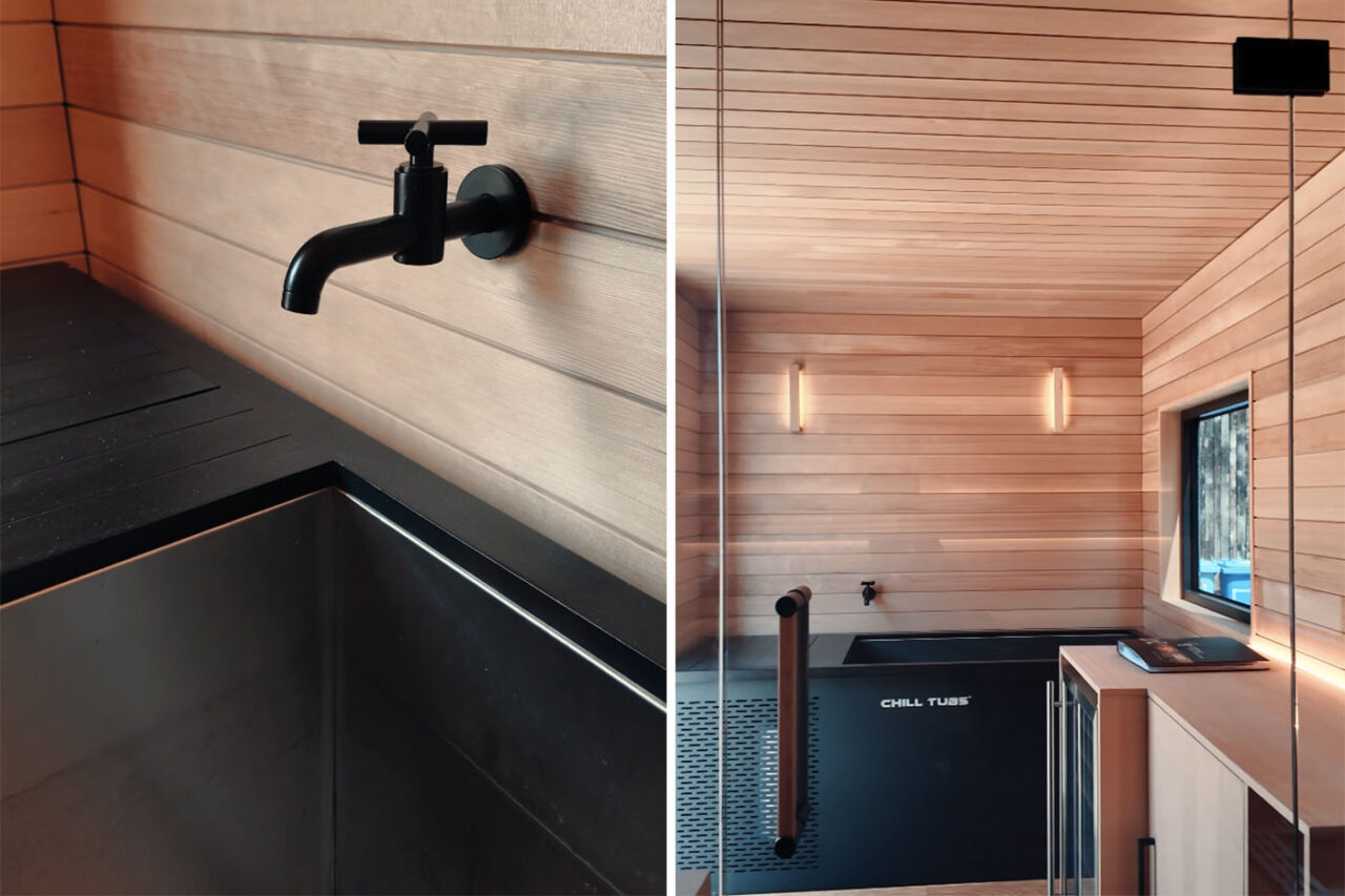 Mobiler Sauna-Eisbad-Trailer mit maßgeschneiderter Sauna, Kühlschrank und Eisbad.
