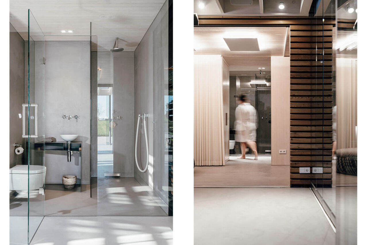 Poolhaus mit Sauna: Glaselemente von Solarlux, Altholzsauna von corso.