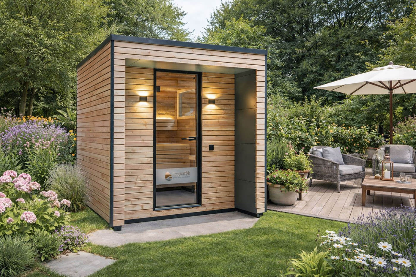 gartensauna ragnaroek altholz c Gartensauna Modell Ragnarök mit Außenverkleidung in Rhombusprofilholz Lärche und Trespa, Innengestaltung mit heller Espe und Altholz.