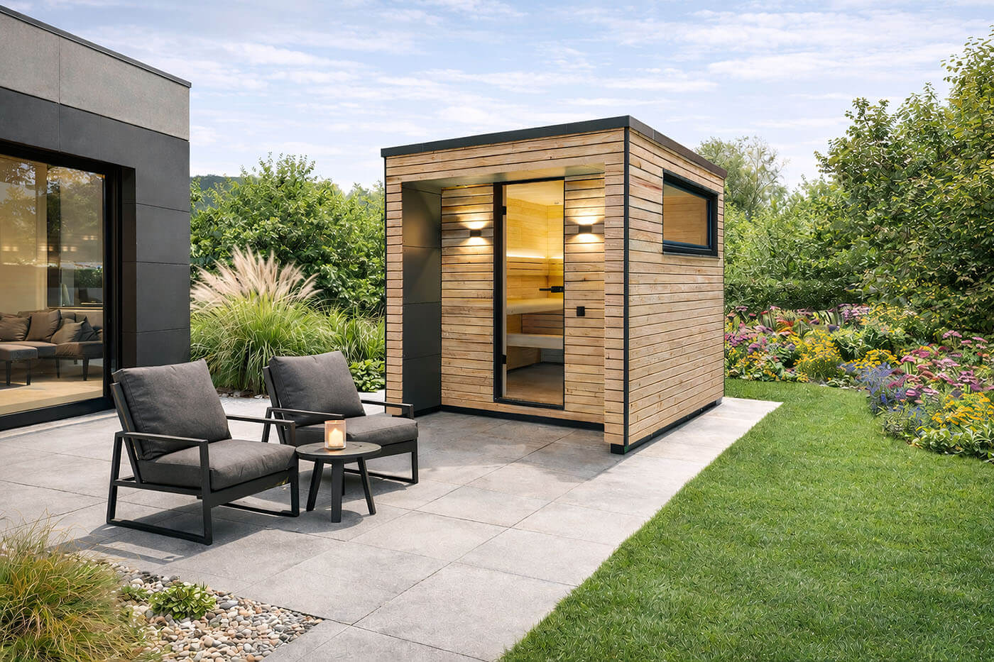 gartensauna ragnaroek espe c Gartensauna Modell Ragnarök mit Außenverkleidung in Rhombusprofilholz Lärche und Trespa, Innengestaltung mit heller Espe.