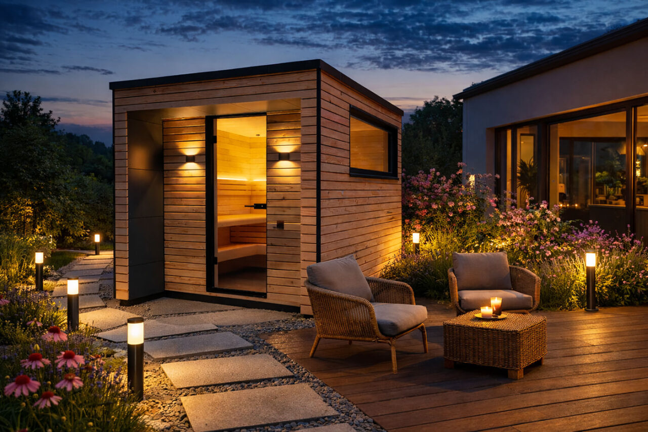 gartensauna ragnaroek espe co Gartensauna Modell Ragnarök mit Außenverkleidung in Rhombusprofilholz Lärche und Trespa, Innengestaltung mit heller Espe.