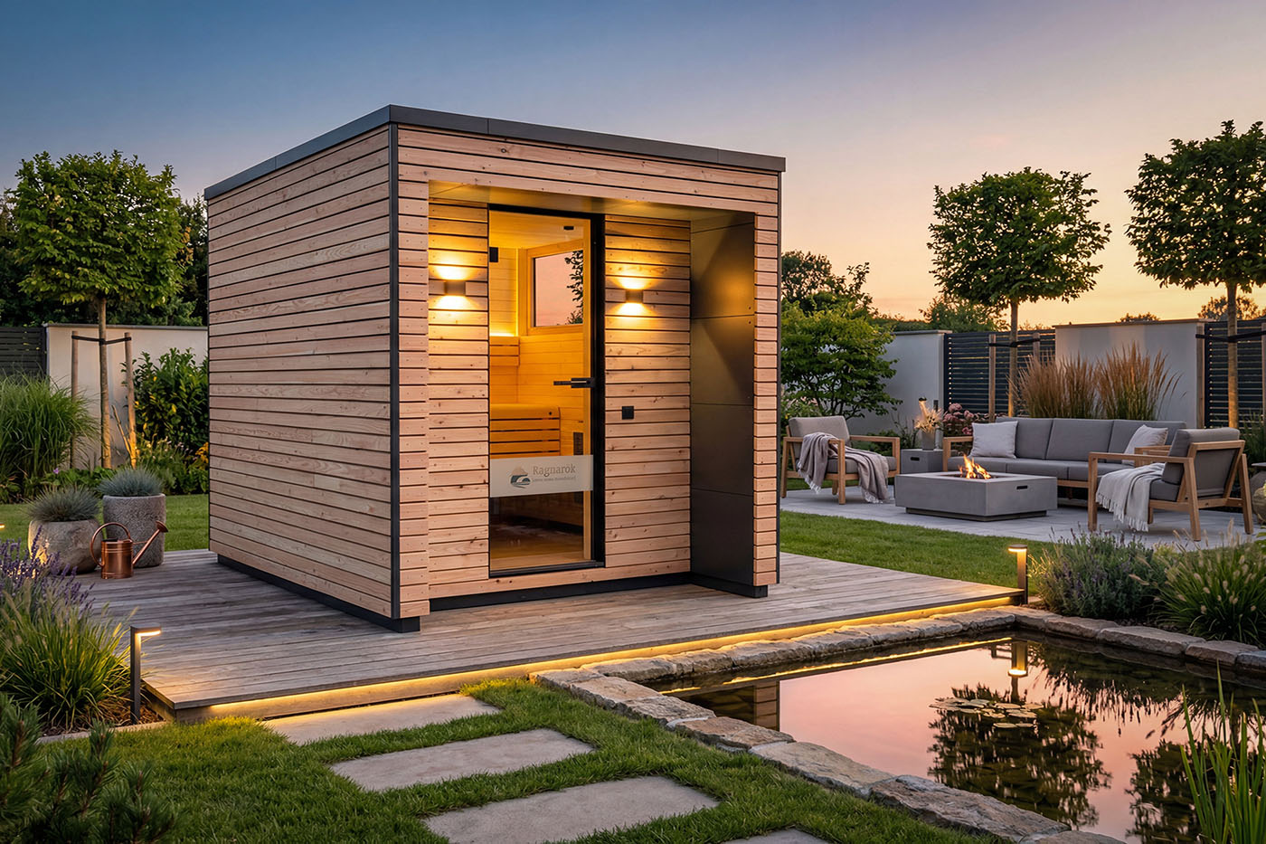 gartensauna komplettset ragnaroek 1 1 Gartensauna Komplettset Modell Ragnarök mit Außenverkleidung in Rhombusprofilholz Lärche und Trespa, Innengestaltung mit heller Espe.