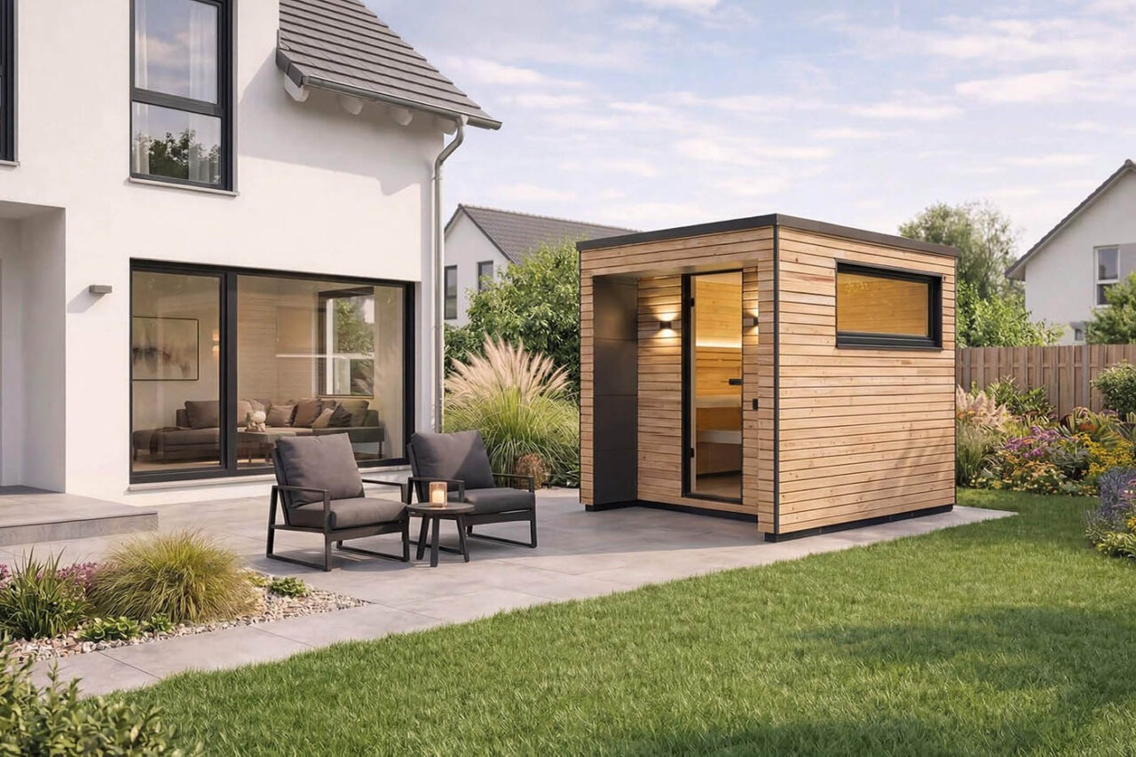gartensauna komplettset ragnaroek 2 Gartensauna Komplettset Modell Ragnarök mit Außenverkleidung in Rhombusprofilholz Lärche und Trespa, Innengestaltung mit heller Espe und Altholz.
