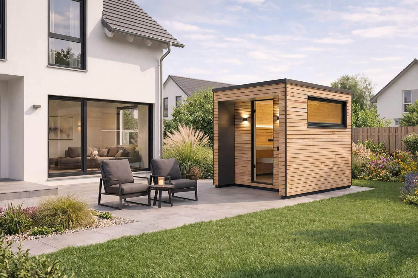gartensauna komplettset ragnaroek 2 Gartensauna Komplettset Modell Ragnarök mit Außenverkleidung in Rhombusprofilholz Lärche und Trespa, Innengestaltung mit heller Espe und Altholz.
