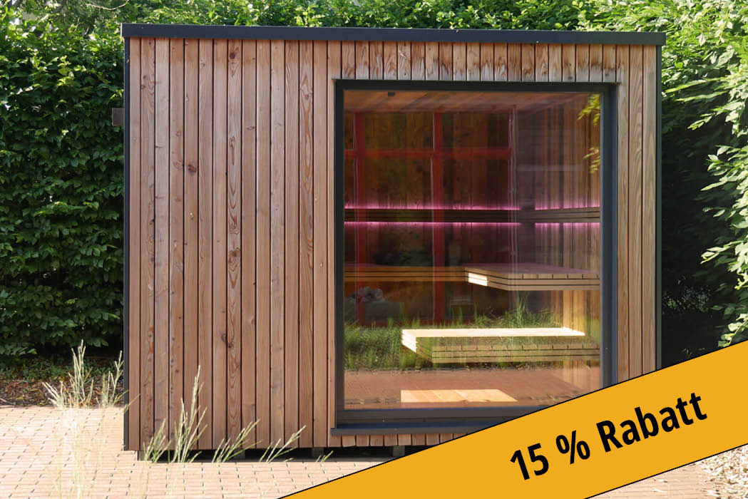 Aussensauna Abverkauf Rabatt Außensauna Abverkauf: Ausstellungsstück Outdoor Sauna Modell Cubus mit Vorraum