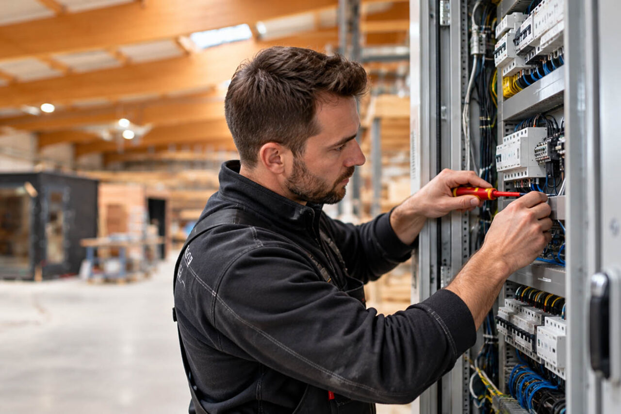 job elektriker elektroniker Jobangebot Elektriker Elektroniker beim Arbeiten an einem Schaltschrank in der corso Manufaktur